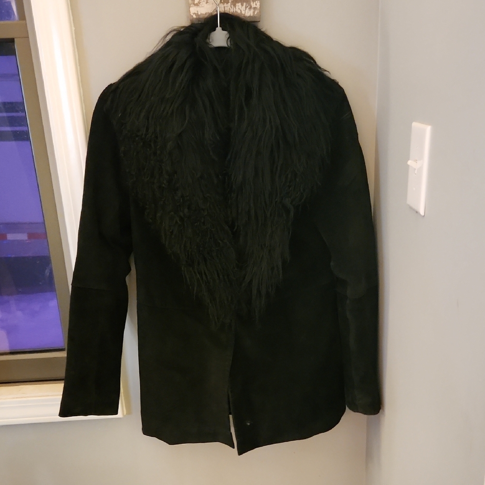 Vintage Express Black Leather/suede Teddy Fur Cowl Jacket